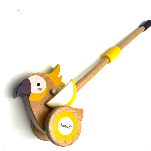 JANOD Push Along Wooden Yellow Bird Cockatoo Baby Toddler Toy Walking Rolling - Picture 1 of 5